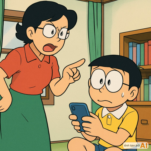 Nobita và mẹ trong không khí vui vẻ