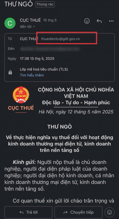Địa chỉ mail của Cục Thuế.