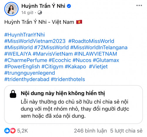 Hoa hậu Ý Nhi bị BTC Miss World xóa ảnh khỏi trang chủ.