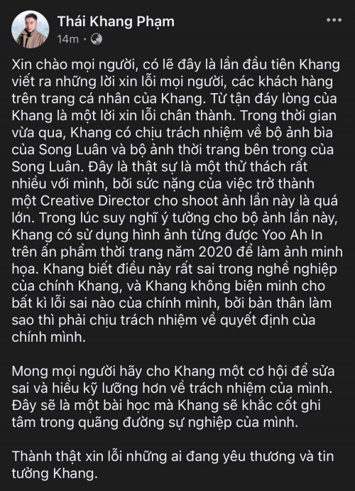 Lời xin lỗi từ Thái Khang Phạm