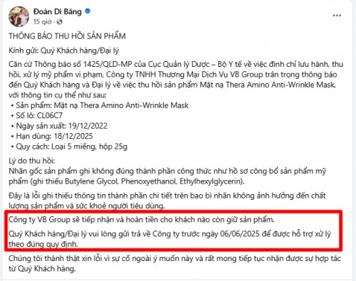 Cách hoàn tiền loạt sản phẩm bị thu hồi của Đoàn Di Băng.