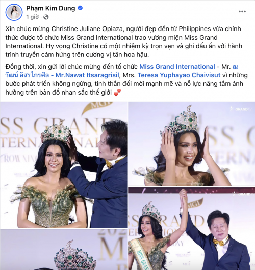 Bà Phạm Kim Dung - chủ tịch Miss Grand Vietnam - chúc mừng Tân Hoa hậu