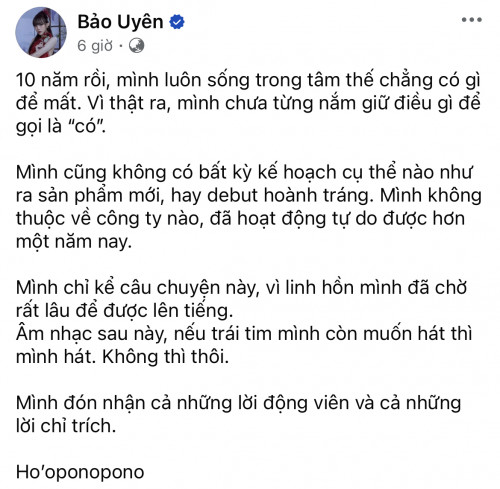 Bảo Uyên chia sẻ trạng thái mới nhất