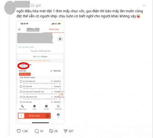 Người điêu hoa đặt 75 ly chè cùng 1 đơn, shipper Hà Nội bức hỏa