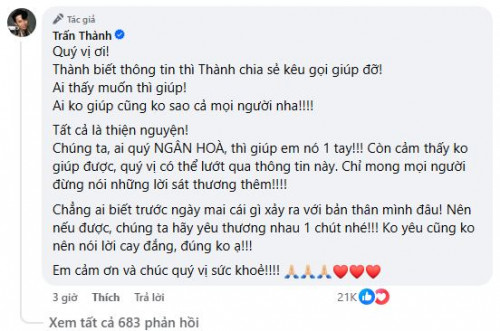 Trấn Thành kêu gọi quyên góp.