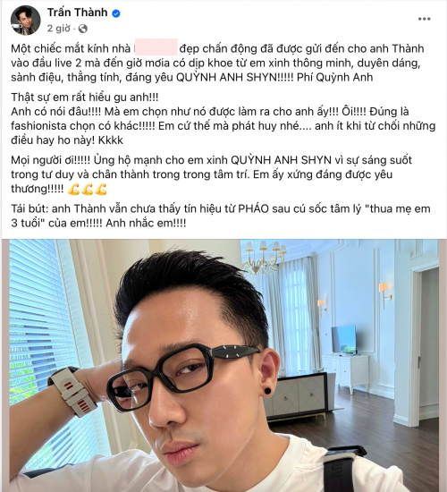Trần Thành hào hứng khoe Quỳnh Anh Shyn tặng mặt kính