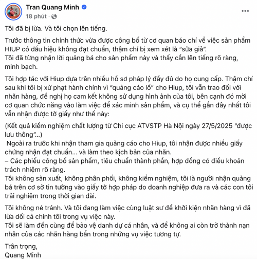 Động thái bất ngờ của BTV Quang Minh trong vụ quảng cáo sữa HIUP- Ảnh 1.