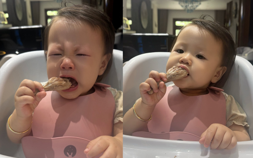 Phương Oanh khoe biểu cảm đáng yêu của con gái khi ăn.