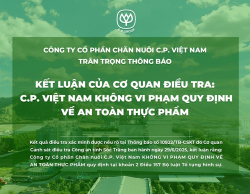 C.P. Việt Nam thông báo kết quả cuộc điều tra an toàn thực phẩm tại Sóc Trăng: Không khởi tố vụ án hình sự.