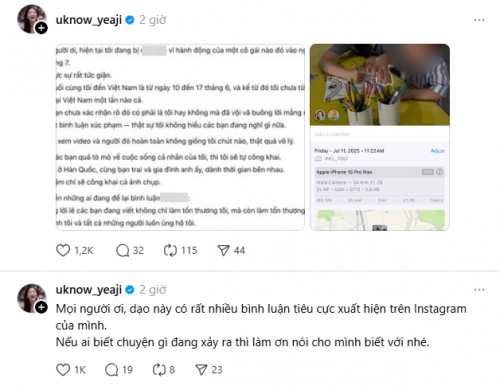 Yeaji lên tiếng về sự việc