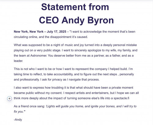 CEO Andy Byron chính thức lên tiếng xin lỗi sau khi bị bắt gặp tang ngoại tình với giám đốc nhân sự? - Ảnh 2.