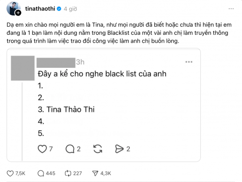 Tina Thảo Thi bị cho vào blacklist