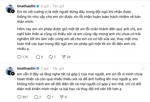 Tina Thảo Thi xin lỗi